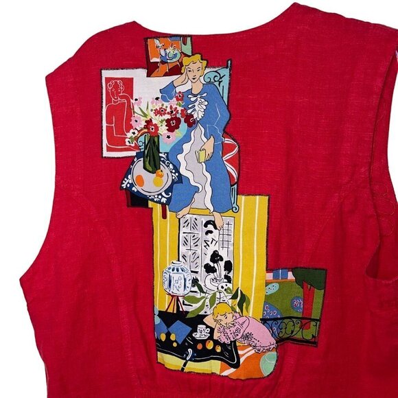 Judy Waltz Joy In Design Vintage Womens Vest Size XL Red Handmade Applique Linen - Picture 10 of 10